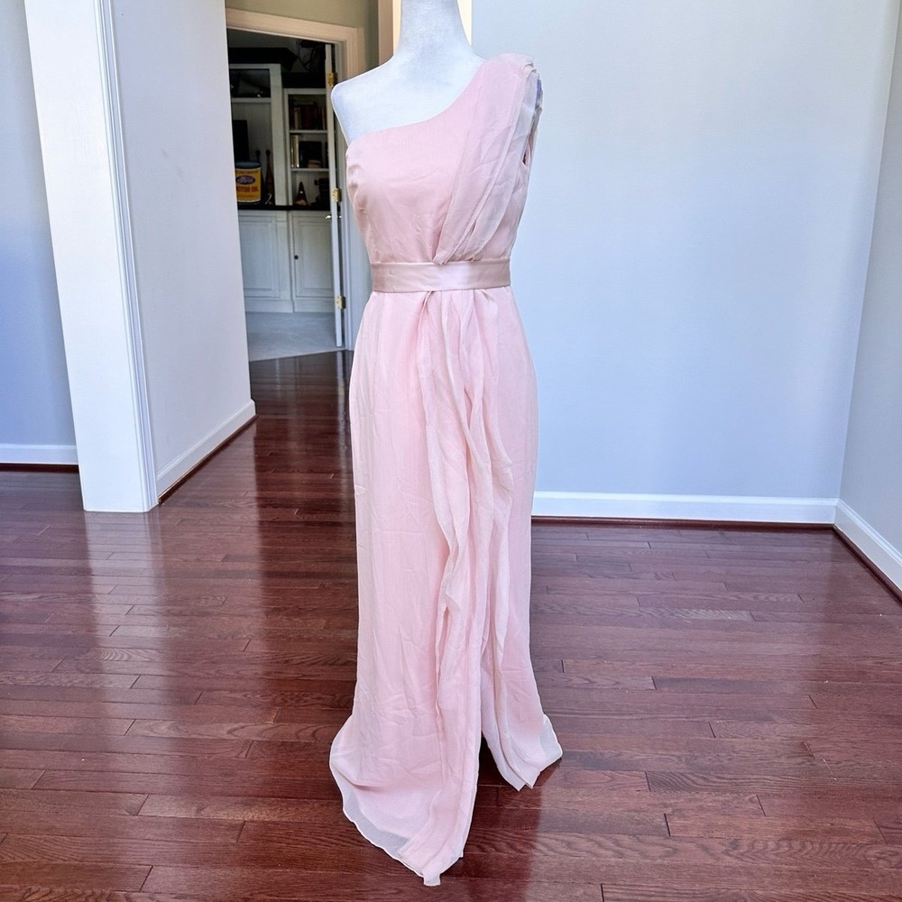 Vera Wang White Peach Chiffon One Shoulder Gown Dress with Belt Size 4